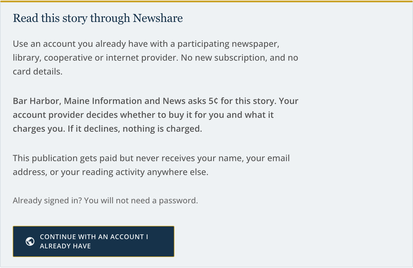 The Newshare access gate on a news article