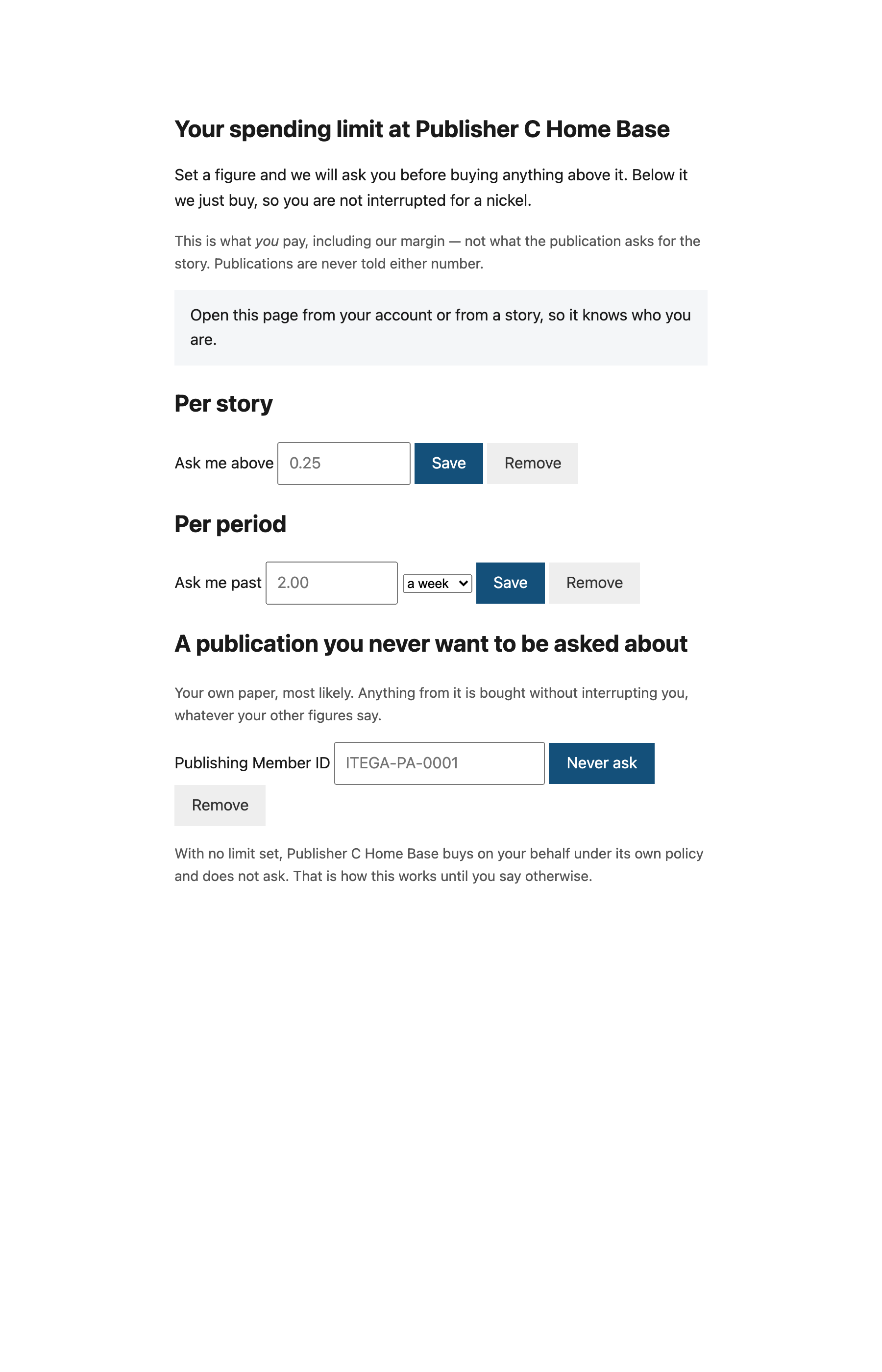 A page for setting per-story, per-period, and per-publication spending limits